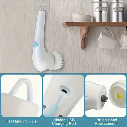 Cleaning brush with hanging hole, USB charging port, and brush head replacement feature on a kitchen shelf background.