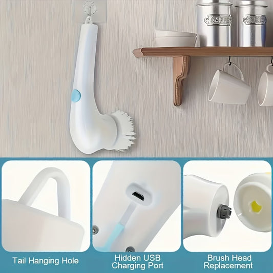 Cleaning brush with hanging hole, USB charging port, and brush head replacement feature on a kitchen shelf background.