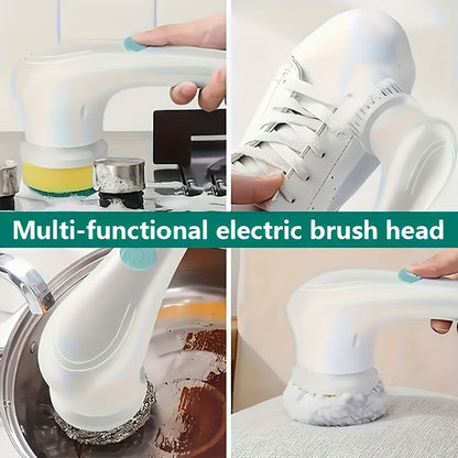 Multi-functional electric brush head used for cleaning various items including a sink, shoes, and a surface.