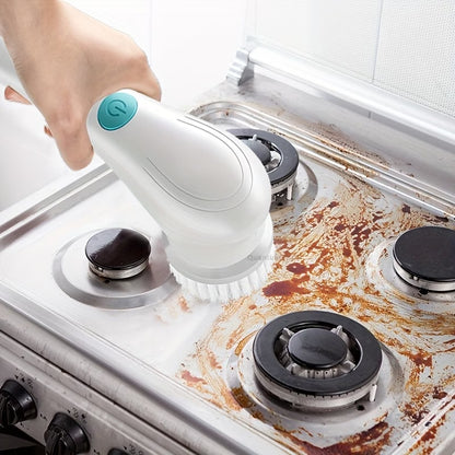 Electric Cleaning Brush being used on a stove with visible grime